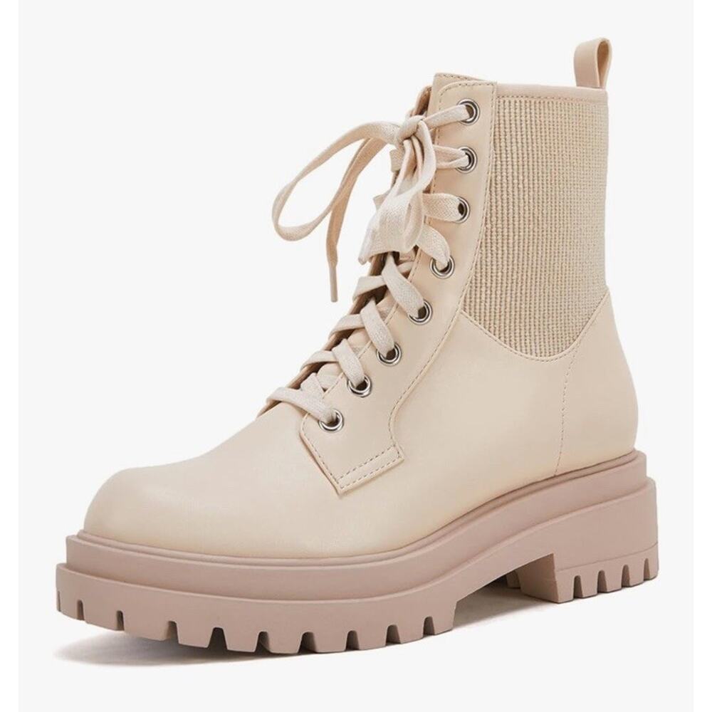 Vetaste Women’s Lug Sole Lace Up Ankle Boots Chunky Block Heel Combat White SZ 9